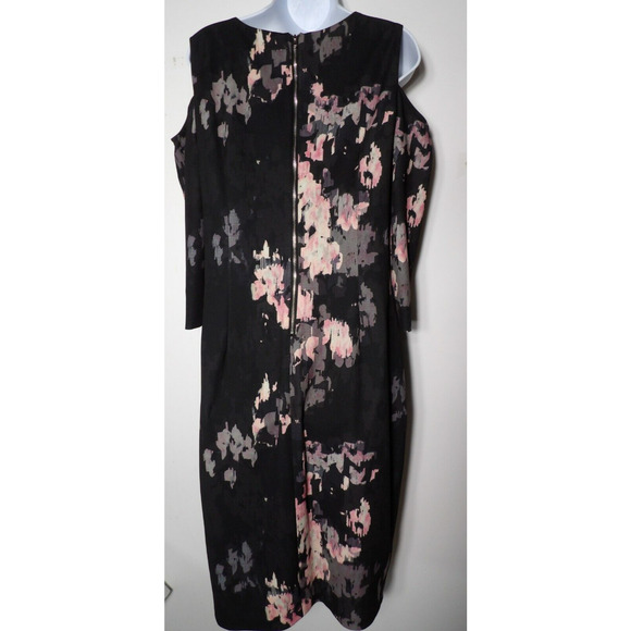 Jax Black Label Dress Sz 14 Midi Cold Shoulder Floral Black Zip Back Sheath - Picture 4 of 11